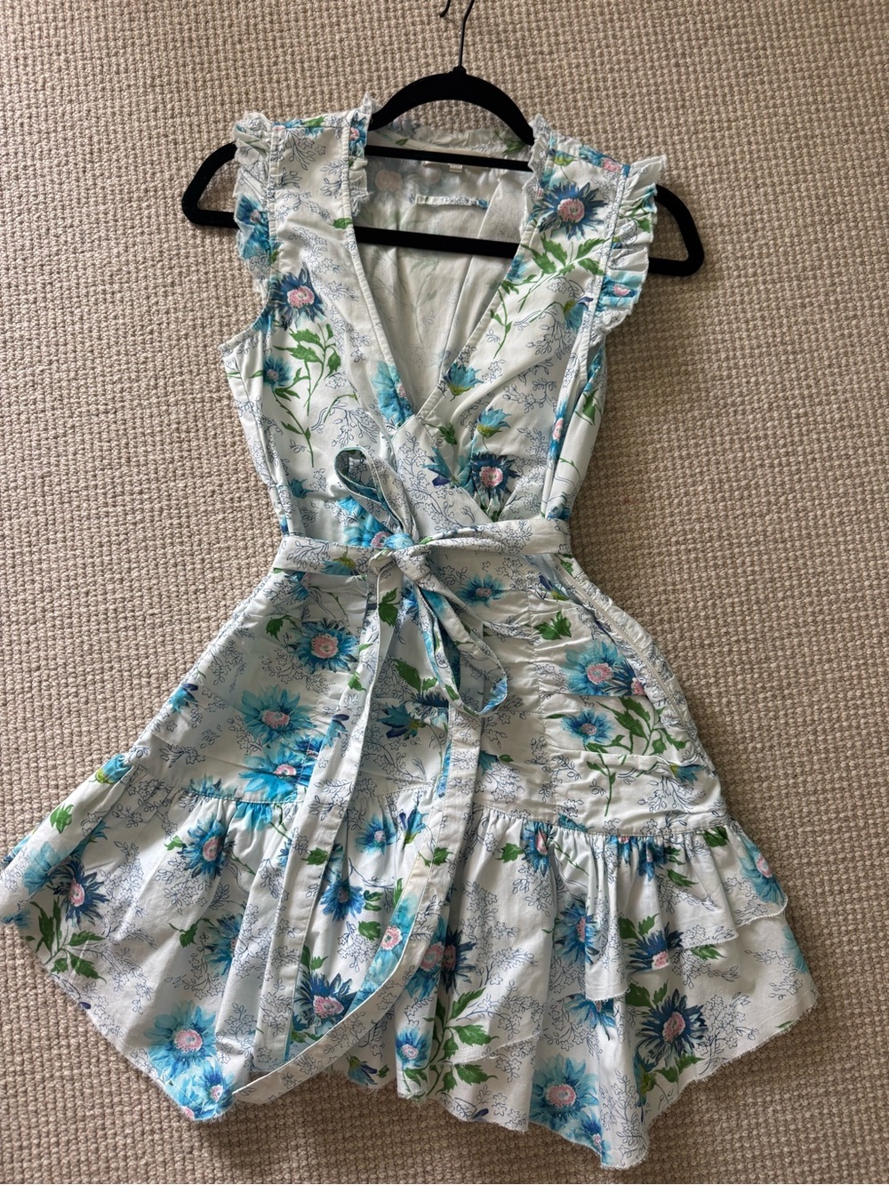 LoveShackFancy White Dress with Blue & Green Floral Print